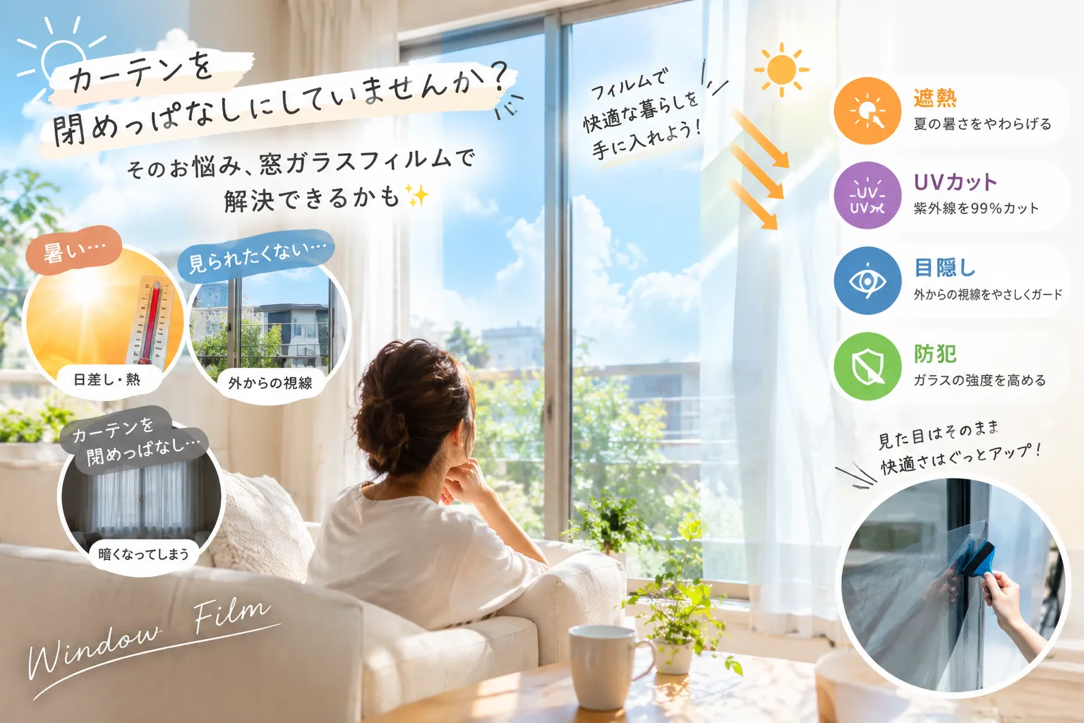 カーテンを閉めっぱなしにしていませんか？🤔窓の悩み、フィルムで解決できるかもしれません🐬